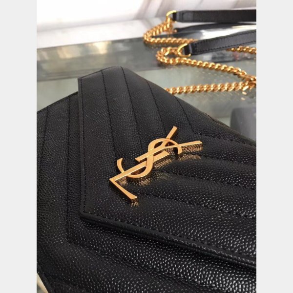 YSL Best Monogram Chain 19CM Black Grain De Poudre Embossed