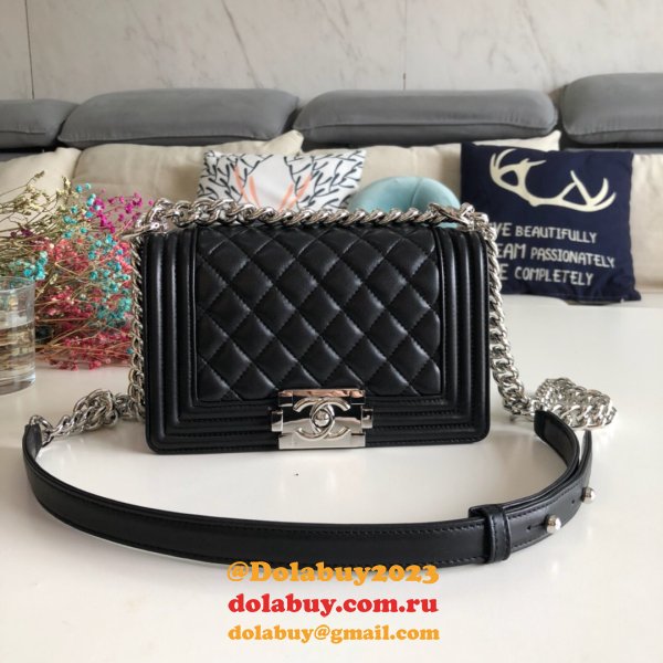 High Quality CC Le Boy 7 Star Best Black Bags lambksin 20cm