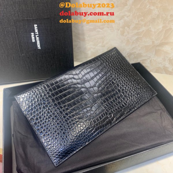 YSL Wholesale Clutch in embossed crocodile shiny black leather