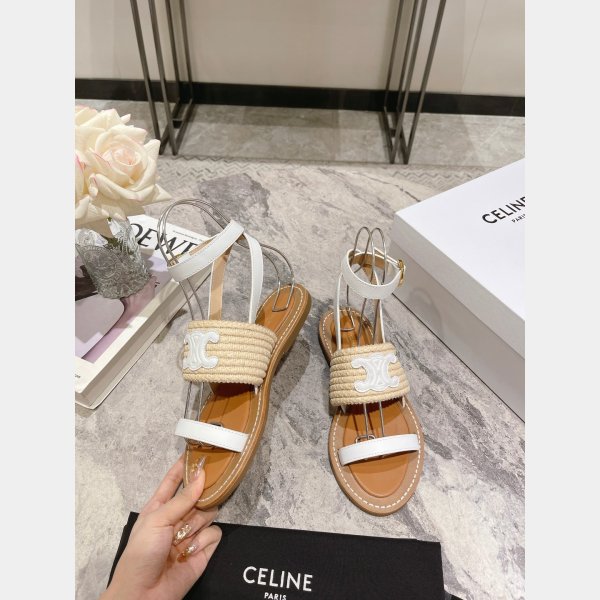 High Quality bag Celine LYMPIA FLAT STRAP SANDAL in RAFFIA & CALFSKIN