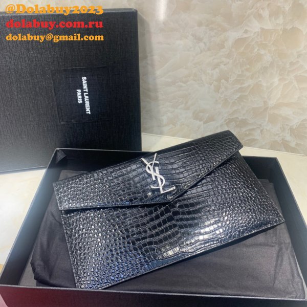 YSL Wholesale Clutch in embossed crocodile shiny black leather