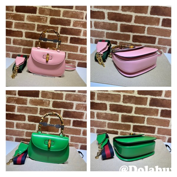 Fashion Gucci Copy 675797 Small top handle pink/green bag with Bamboo