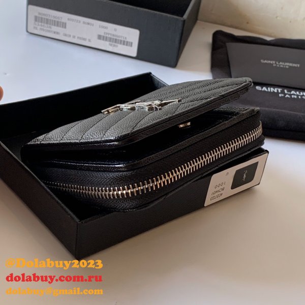 Inspired Saint Laurent monogram compact zip around black wallet