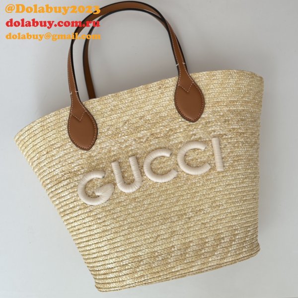 Fashion Medium Straw Tote With Gucci Patch 779530 Inspired Bag