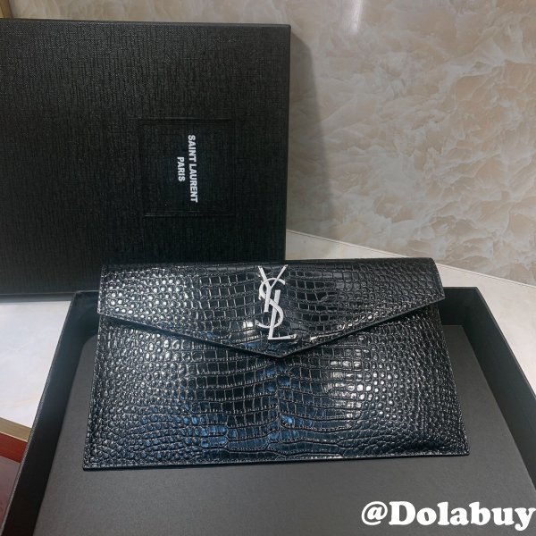 YSL Wholesale Clutch in embossed crocodile shiny black leather