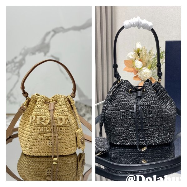 Cheap Prada Woven drawstring bucket bag 1BE068