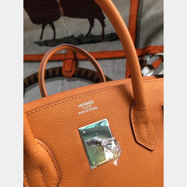 Hermes Birkin Epsom leather Handbags Orange Silver AAA+