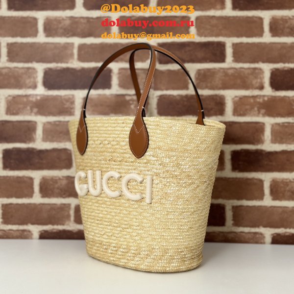 Fashion Medium Straw Tote With Gucci Patch 779530 Inspired Bag