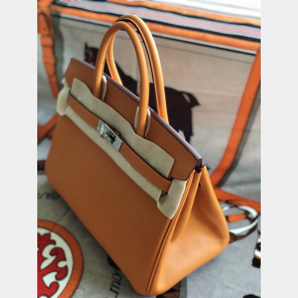 Hermes Birkin Epsom leather Handbags Orange Silver AAA+