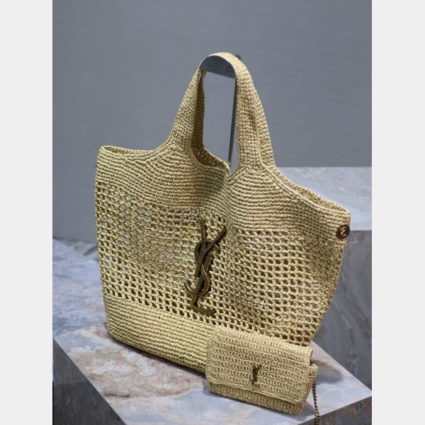 Luxury YSL I CARE 698651 raffia weaving shopping Y bag